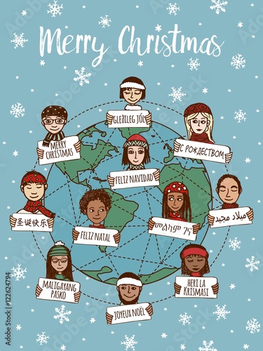 Christmas around the world - hand drawn doodle faces with Merry Christmas signs in different languages