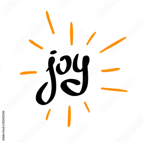 Joy word calligraphic logo with scattered rays. Hand writing.