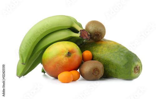 Exotic fruits  mango  bananas  papaya  kiwi and kumquats isolated on white