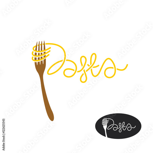 Pasta and fork logo. Elegant pasta word with fork.