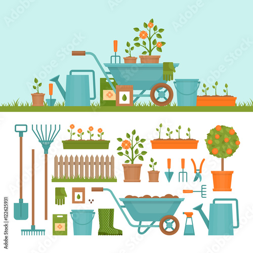 Concept of gardening. Garden tools.  Banner with summer garden landscape. Flat style, vector illustration.