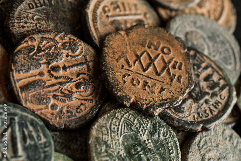 Pile of beautiful ancient copper coins