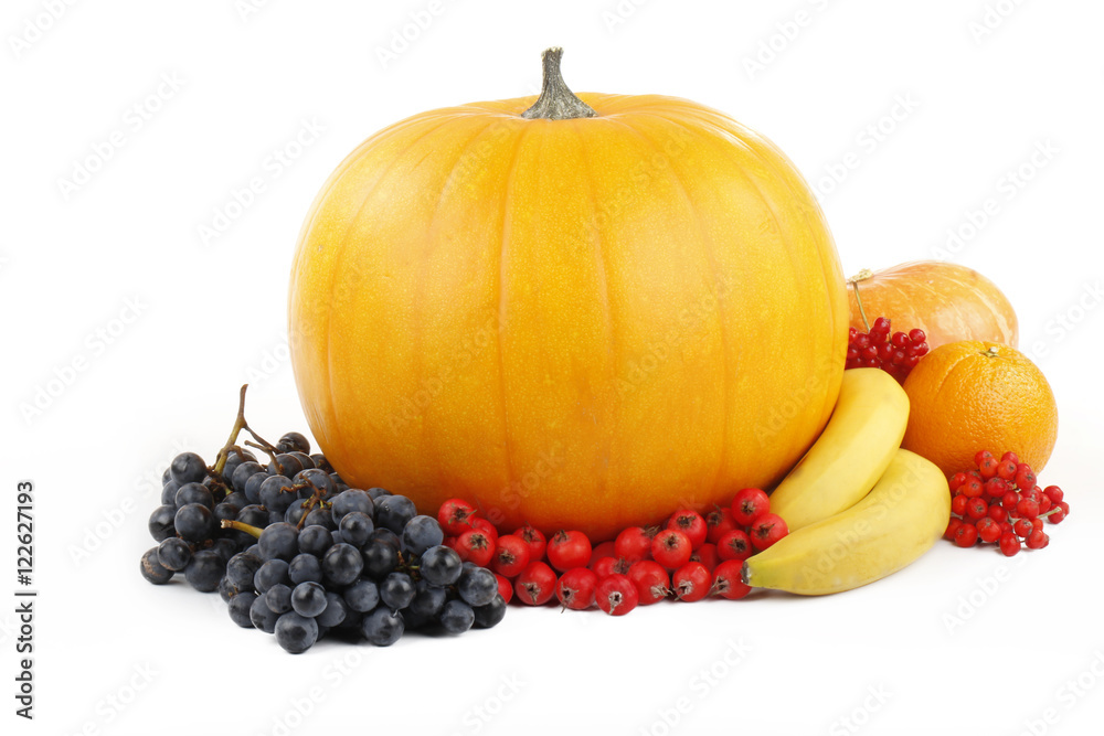 pumpkin and fruits isolated