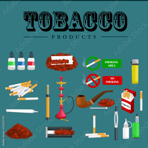Smoking tobacco products icons set with cigarettes hookah cigars lighter isolated vector illustration