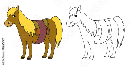 Fototapeta Naklejka Na Ścianę i Meble -  Cartoon horse - isolated - with coloring page - illustration for children