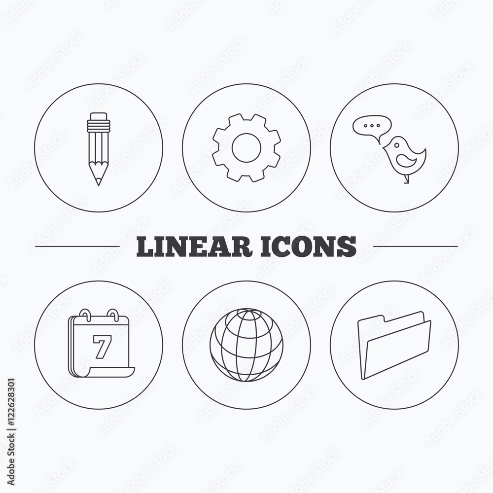 Pencil, message and world globe icons. Pencil, message and world globe icons.