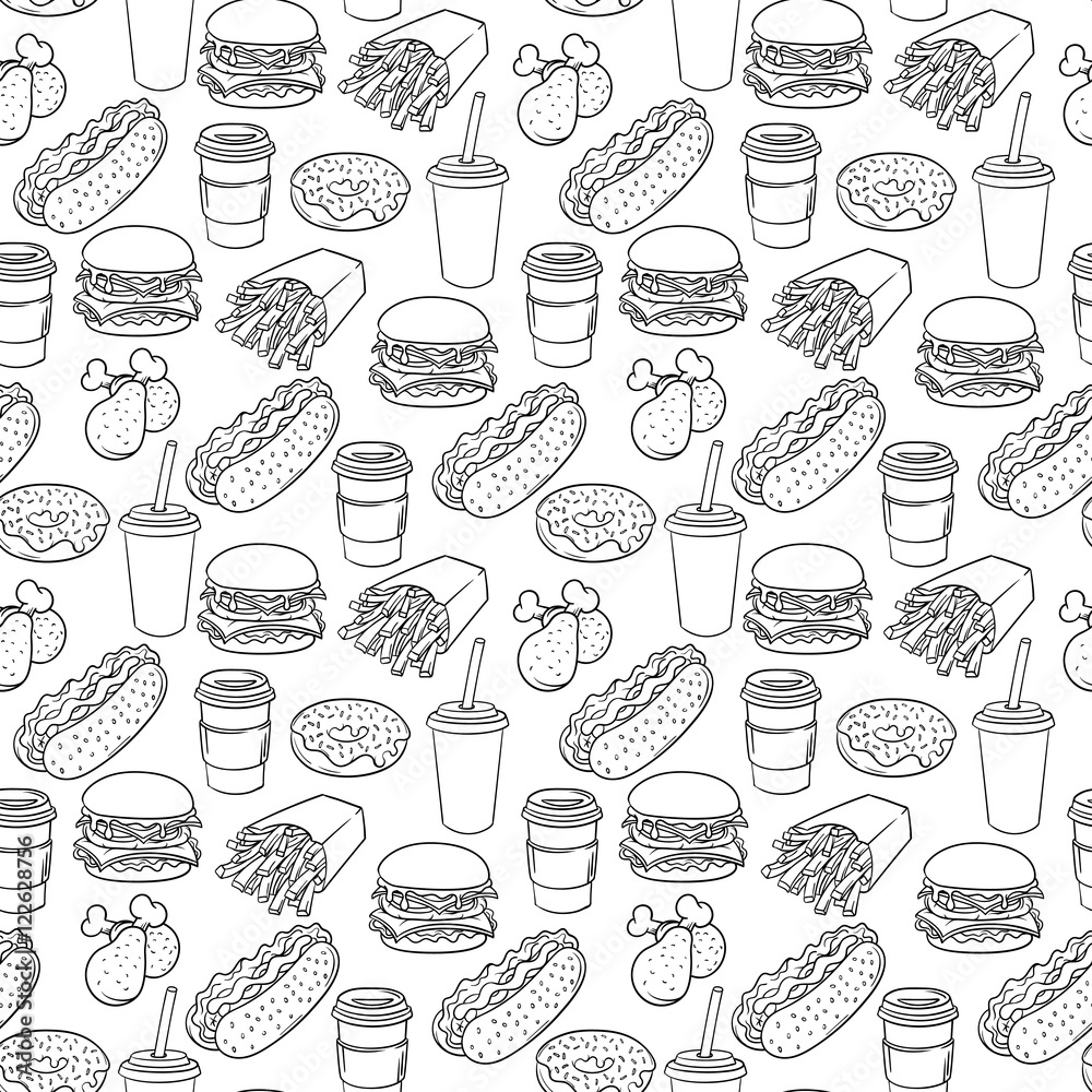 Vector hand drawn pop art monochrome fast food pattern.