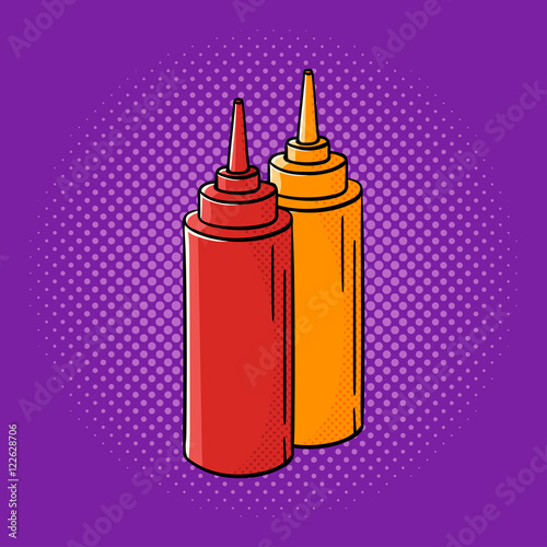 Vector hand drawn pop art illustration of ketchup and mustard.
