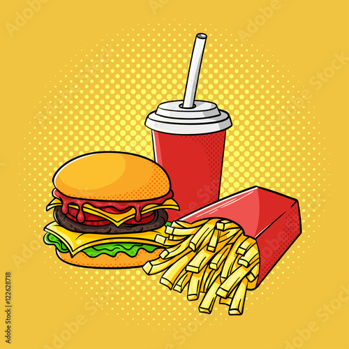 Vector hand drawn pop art illustration of hamburger, french fries