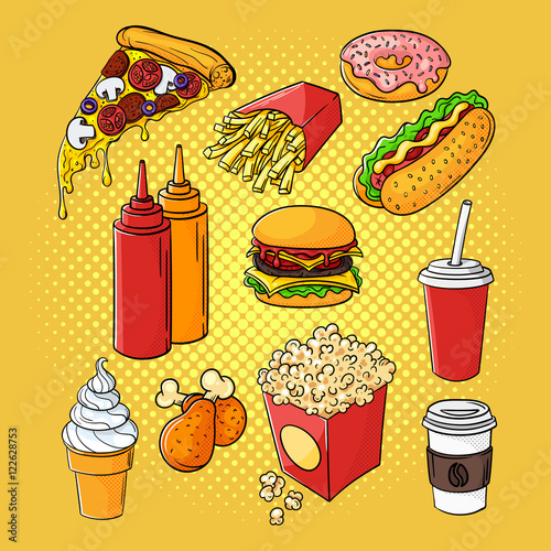 Vector hand drawn pop art set of fast food.