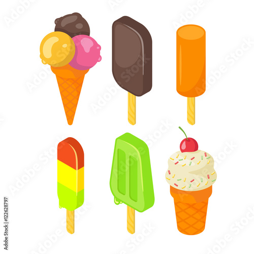 Isometric style 3d vector set of tasty colorful ice cream icon.