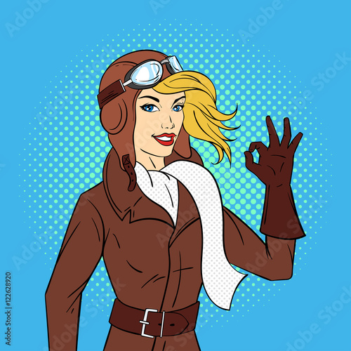 Vector hand drawn pop art style illustration of retro woman pilot
