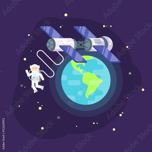 Fototapeta Naklejka Na Ścianę i Meble -  Vector flat style illustration of space station and astronaut