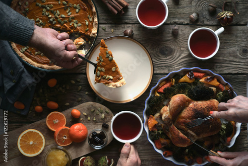 Thanksgiving dinner on the wooden table top view