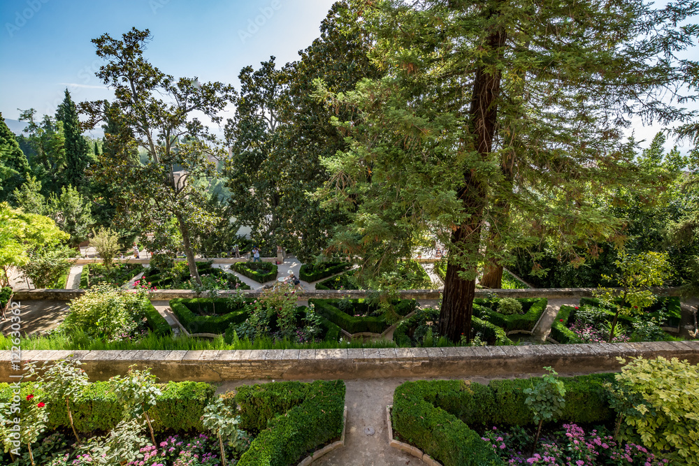 View of the Generalife gardens in Alhambra, Spain View of the Generalife gardens in Alhambra, Spain