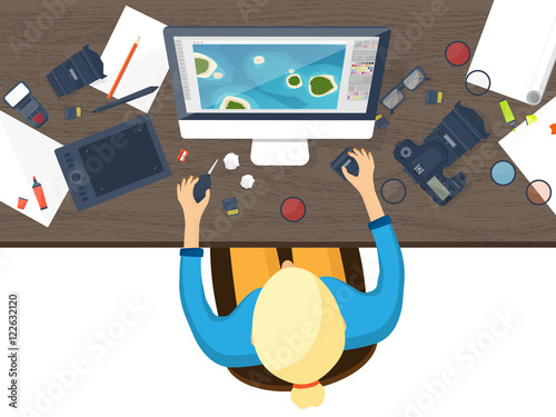 Photographer equipment on a table. Photography tools, photo editing, photoshooting flat background. Digital photocamera with lens. Vector illustration.