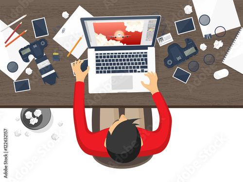 Photographer equipment on a table. Photography tools, photo editing, photoshooting flat background. Digital photocamera with lens. Vector illustration.