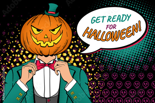 Get ready for Halloween! A man in a suit with pumpkin head and  smile corrects his bow tie. Vector illustration in retro comic style. Colorful pop art background. Halloween party invitation.