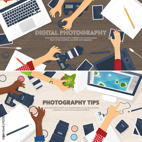 Photographer equipment on a table. Photography tools, photo editing, photoshooting flat background. Digital photocamera with lens. Vector illustration.