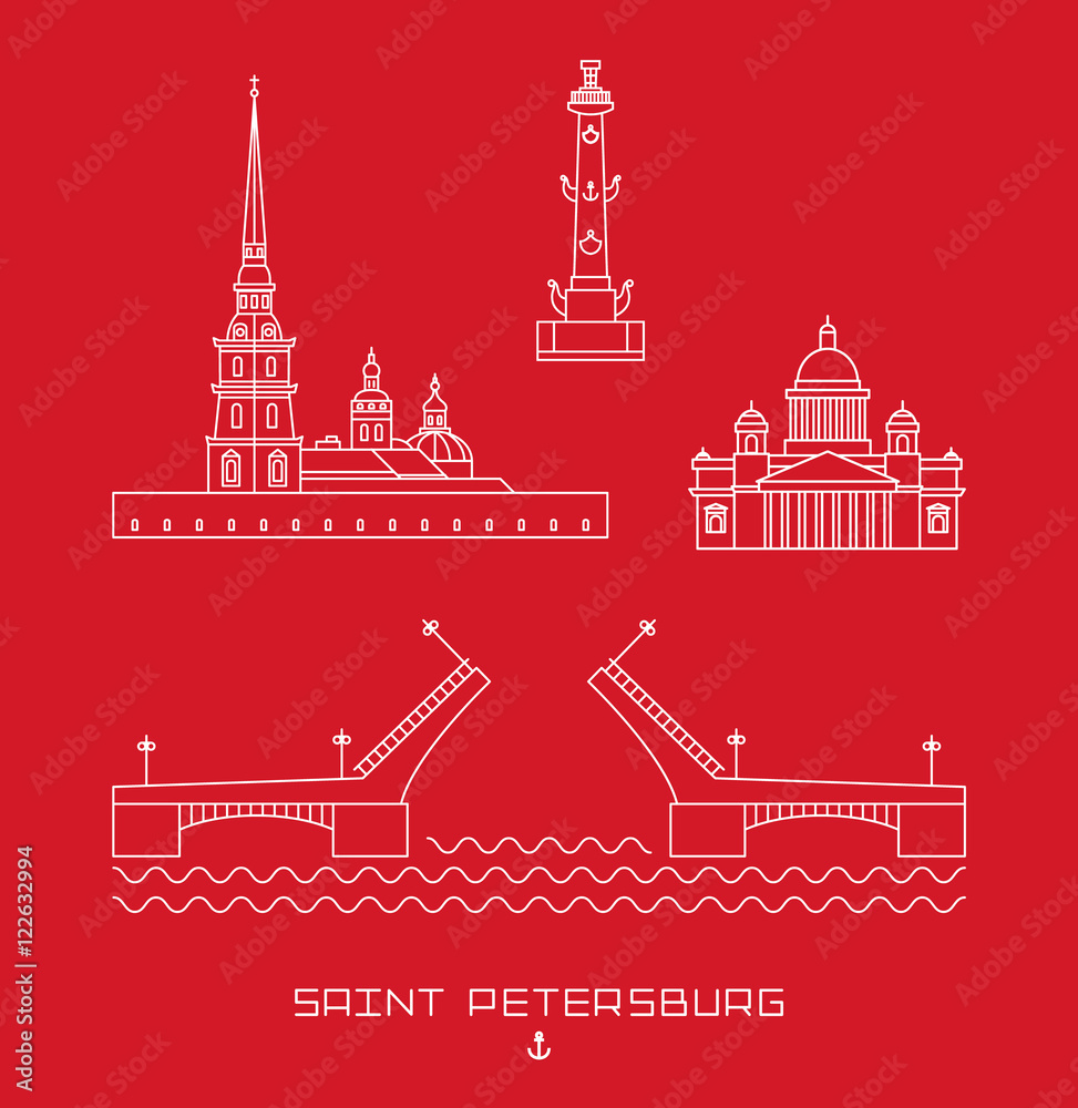 Vector illustration icon set - symbols of Saint Petersburg, Russia. Simple line drawn.