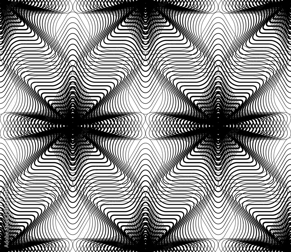 Geometric monochrome stripy overlay seamless pattern, black and