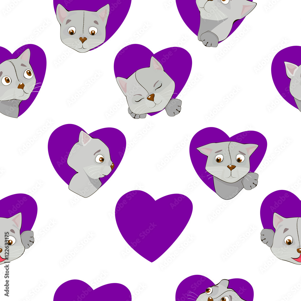 Cartoon grey cats in the heart seamless pattern