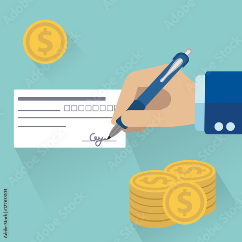 Payments and financial operations. signing bank check. Paying options. Flat design vector illustration