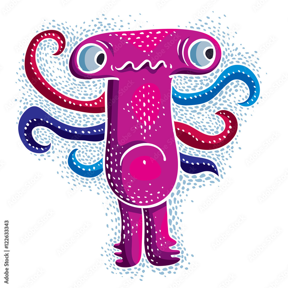 Obraz premium Comic character, vector sad purple alien monster. Emotional expr