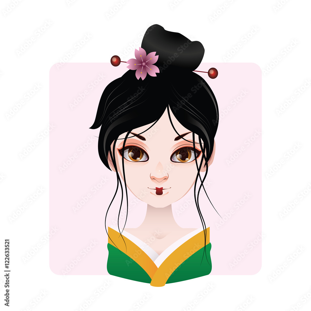 Beautiful geisha in green and yellow kimono illustration Beautiful geisha in green and yellow kimono illustration