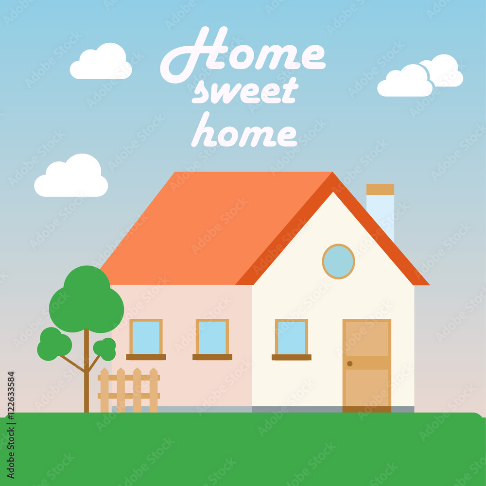 Vector home sweet home poster in flat cartoon style with house illustration  Stock Vector | Adobe Stock