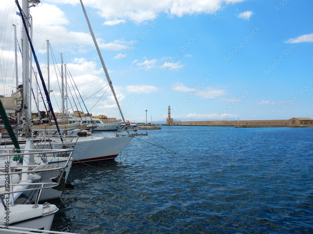 Fototapeta premium Modern boats at the Venetian port of Hania, Crete, Greece