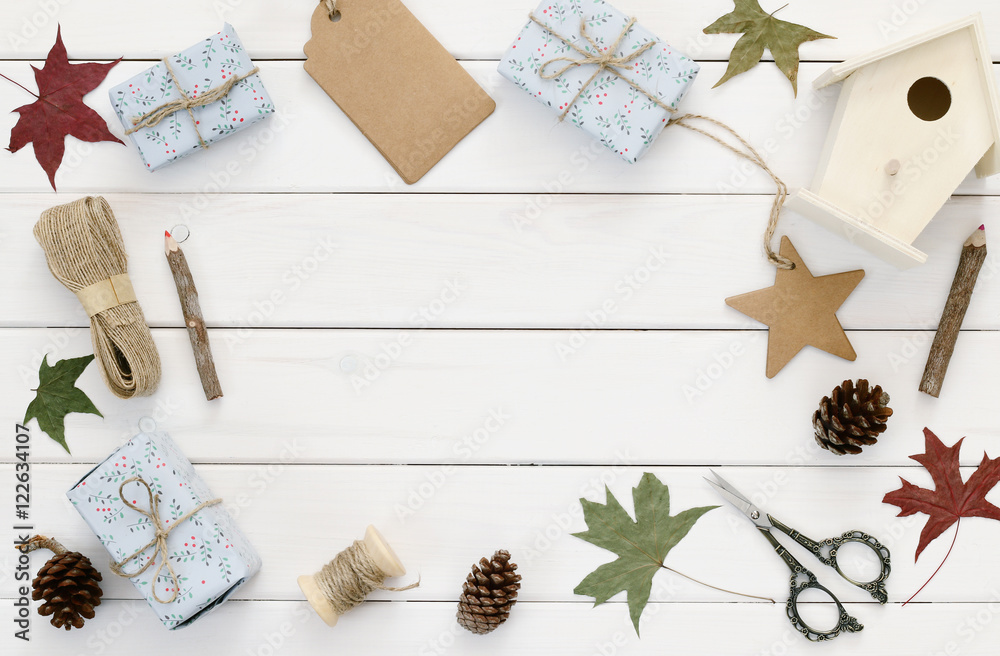 Christmas presents wrapping over wooden table Christmas presents wrapping over wooden table