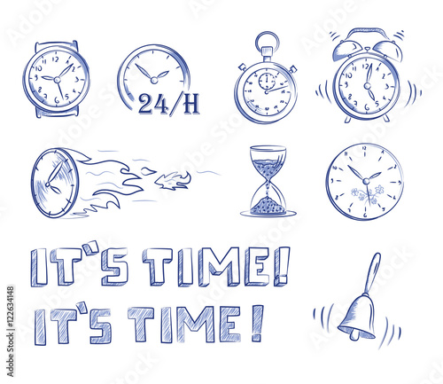 Icon set time and clocks. Hand drawn cartoon doodle vector illustration.