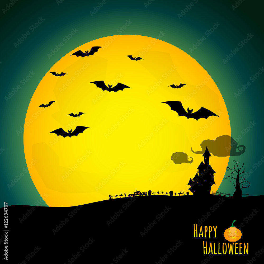 abstract halloween background with black castle in graveyard