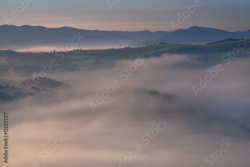 Beautiful fog on the Pieniny mountain hill