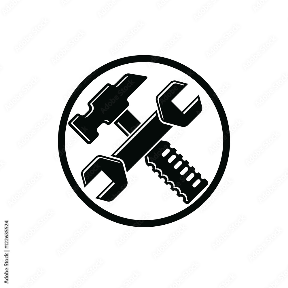 Detailed vector illustration of hammer and wrench crossed, work Detailed vector illustration of hammer and wrench crossed, work