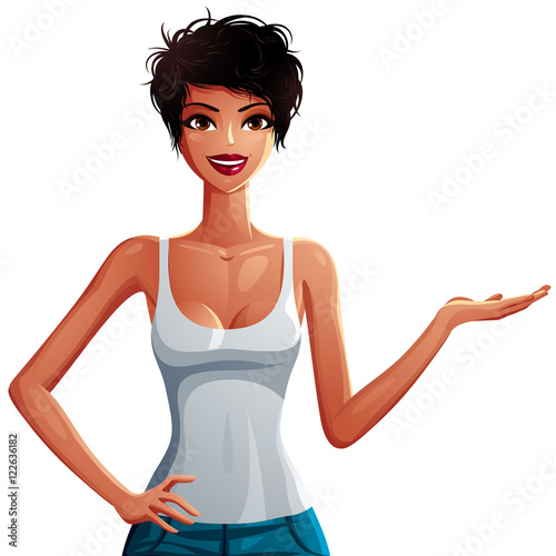 Beautiful tanned woman holding her hand to side, empty copy spac