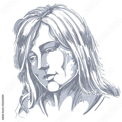 Hand-drawn portrait of white-skin sorrowful woman, sad face emot