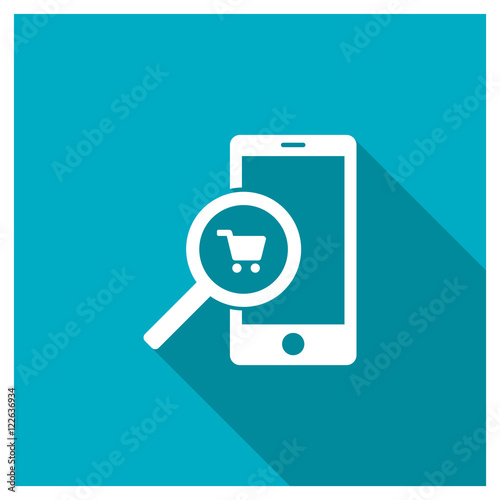 Mobile shopping icon, image jpg, vector eps, flat web, material icon, icon with long shadow on blue background