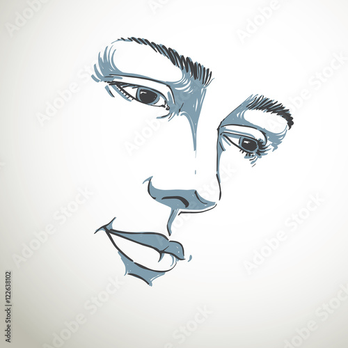 Hand-drawn portrait of white-skin sorrowful woman, sad face emot