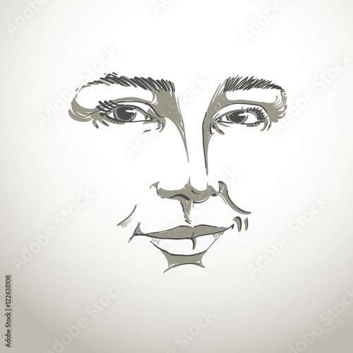 Hand-drawn monochrome portrait of white-skin flirting woman, fac
