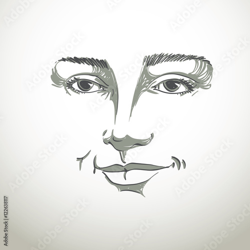 Hand-drawn portrait of white-skin flirting woman, face emotions