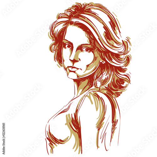 Hand-drawn vector illustration of beautiful confident woman. Cre