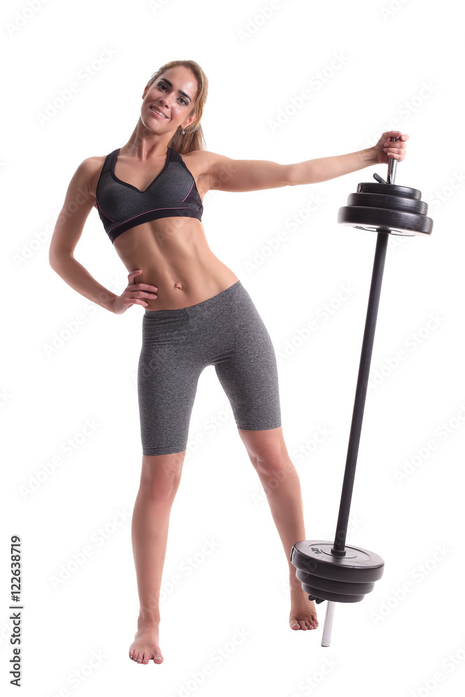 Girl with a barbell on white background Girl with a barbell on white background