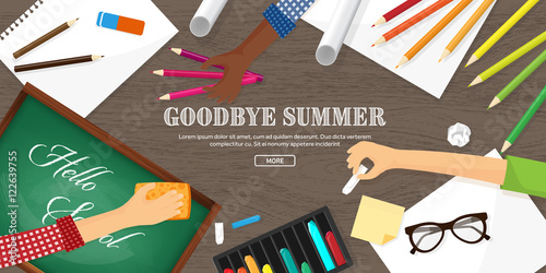 Back to school flat background. Online education and study. Teacher, student.