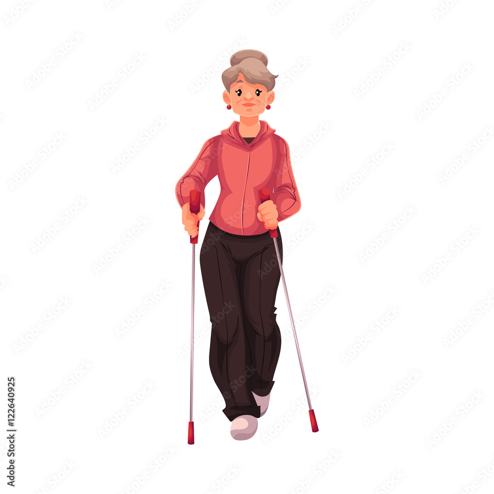 Mature female nordic walker, cartoon style vector illustration isolated on white background. Elder woman doing nordic walking, full height portrait, side view. Female Nordic walker in sports suit Mature female nordic walker, cartoon style vector illustration isolated on white background. Elder woman doing nordic walking, full height portrait, side view. Female Nordic walker in sports suit