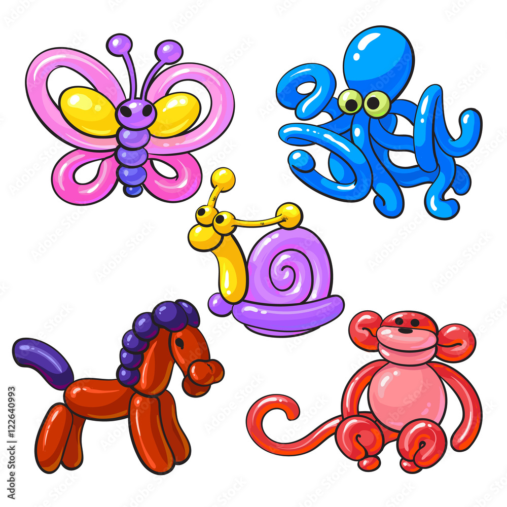 Set of balloon animals - horse, octopus, monkey, butterfly, snail, cartoon  vector illustrations isolated on white background. Colorful drawing of  inflatable toys made of twisted balloons Stock Vector | Adobe Stock