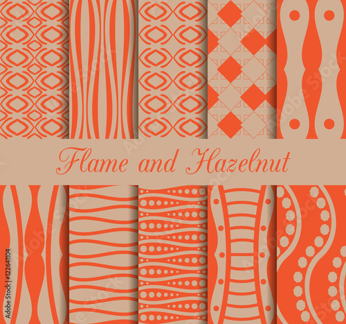 Set of geometric seamless patterns. Flame and hazelnut trend color. Collection of 10 seamless patterns. Vector illustration.