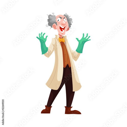 Mad professor with grey bushy hair in lab coat and green rubber gloves, cartoon vector illustration isolated on white background. Crazy laughing white-haired scientist, stereotype of scientist
