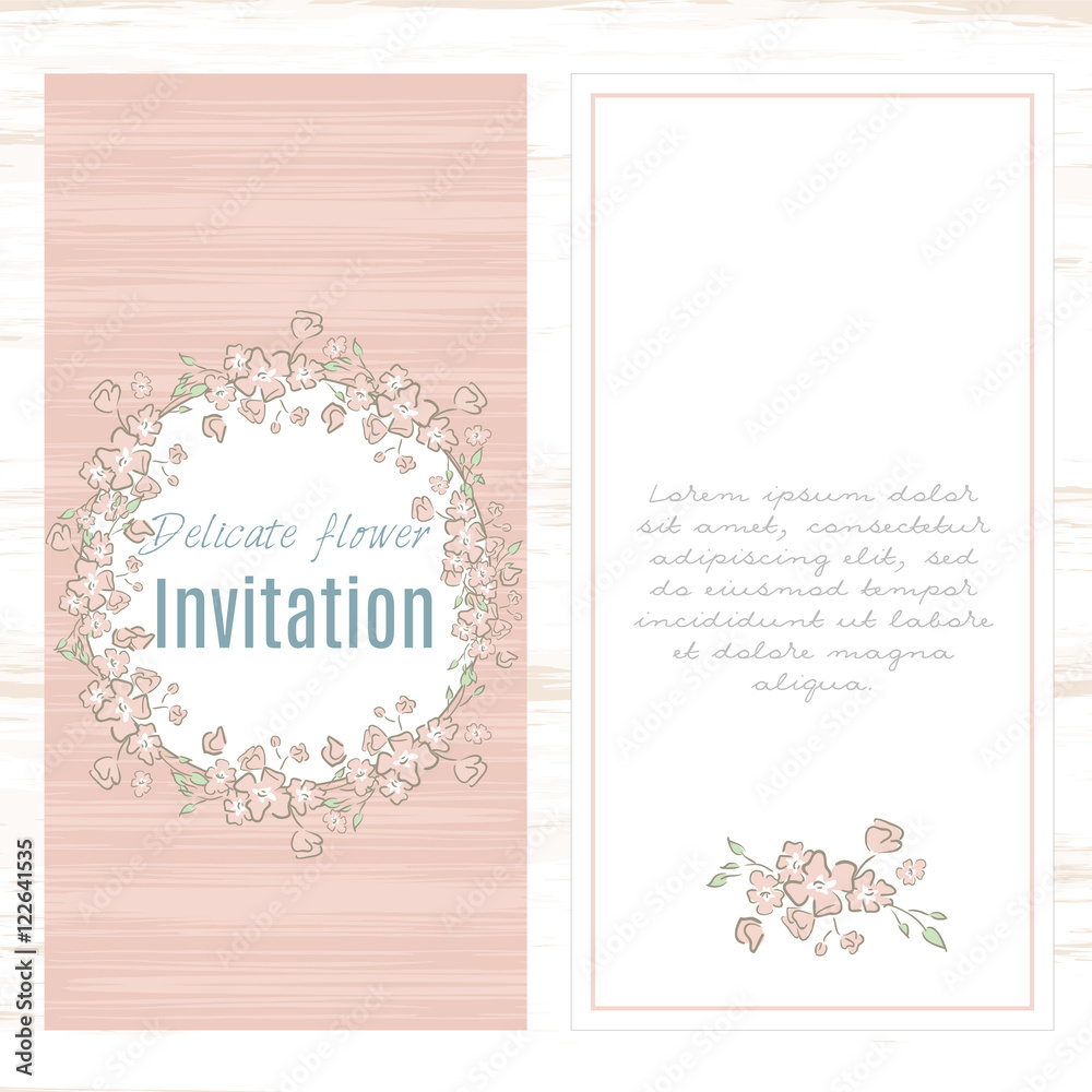 greeting card template floral background. Design stationery set in vector format. Wedding card or invitation, shabby chic